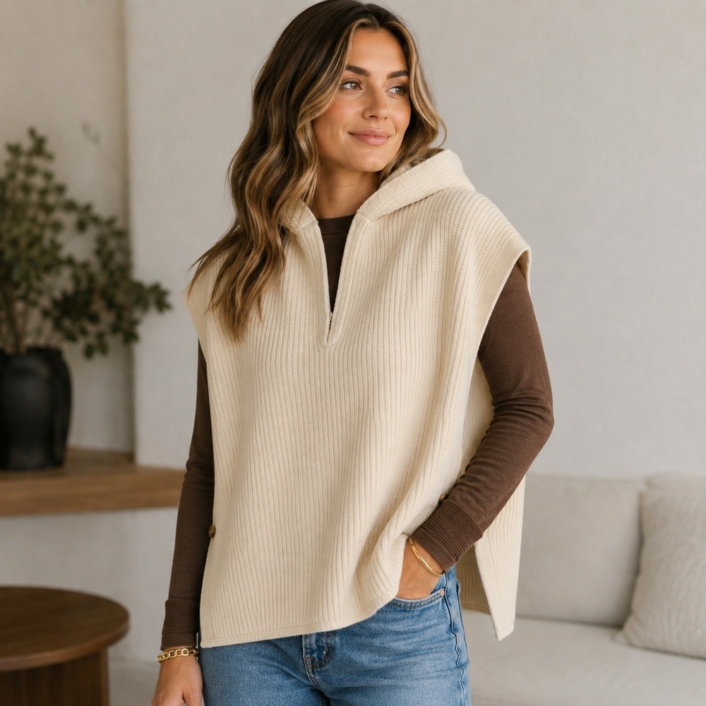 SoyaConcept Women Hooded Ribbed Knit Poncho OS Cream Button Side Sweater